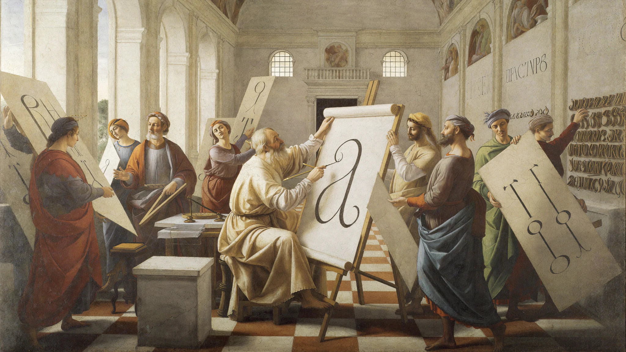 A High Renaissance fresco: a white bearded master letterer draws an immense script letter a on a scroll easel in a marble hall, while robed assistants carry great panels of alphabets past a wall carved with rows of gilded letters.