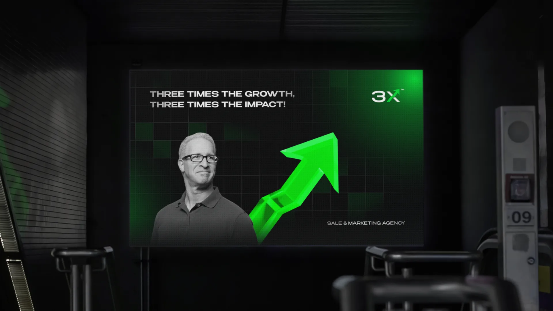 Campaign screen in a dark gym reading three times the growth, three times the impact