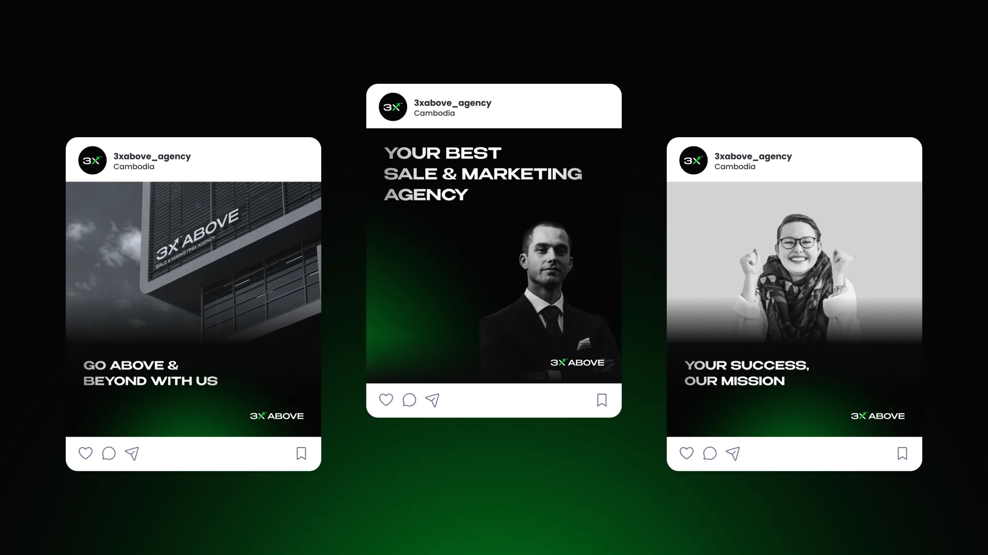 Three 3X Above Instagram posts, go above and beyond with us, your best sale and marketing agency, your success our mission