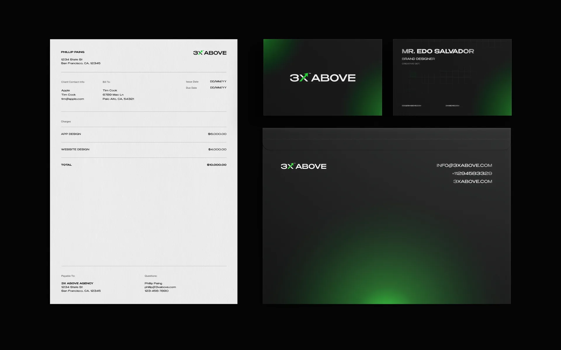 3X Above stationery set, white invoice with black business cards and a gradient envelope