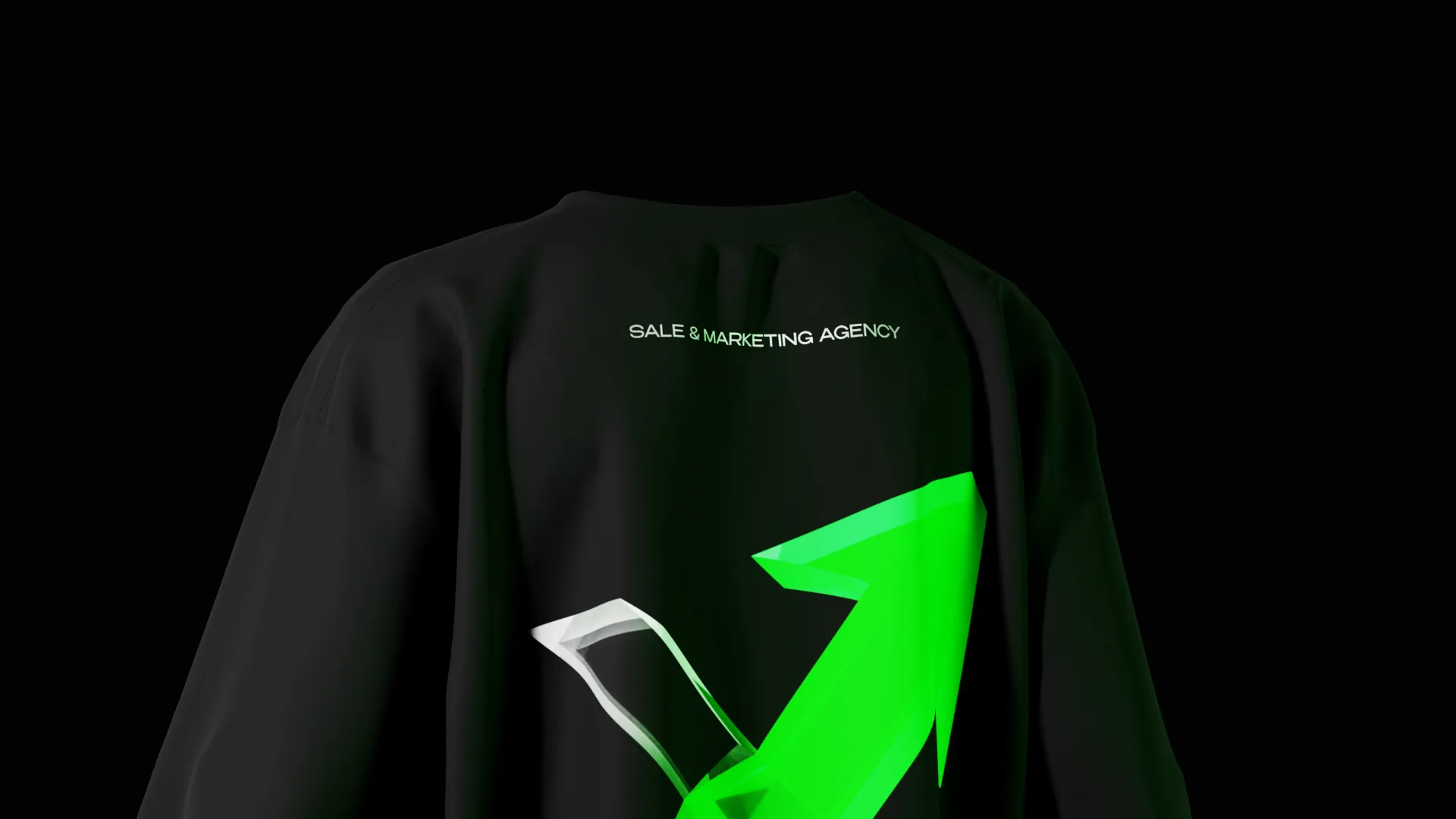 Black tee back with the large 3D green arrow and sale and marketing agency across the shoulders