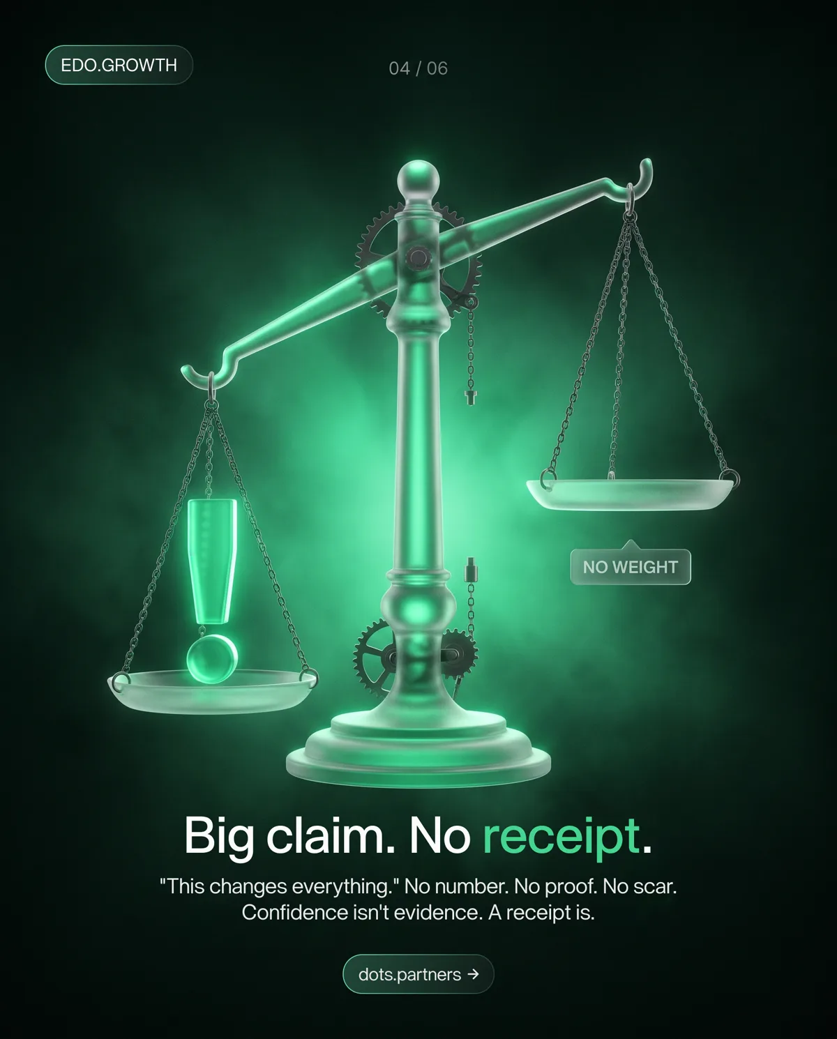 Edo growth design: a glass balance scale tipped by an exclamation mark, the empty pan tagged no weight