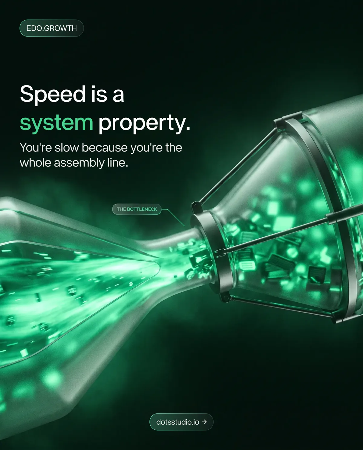 Edo growth design: a glass funnel forcing glowing green shapes through a narrow neck, the pinch marked the bottleneck
