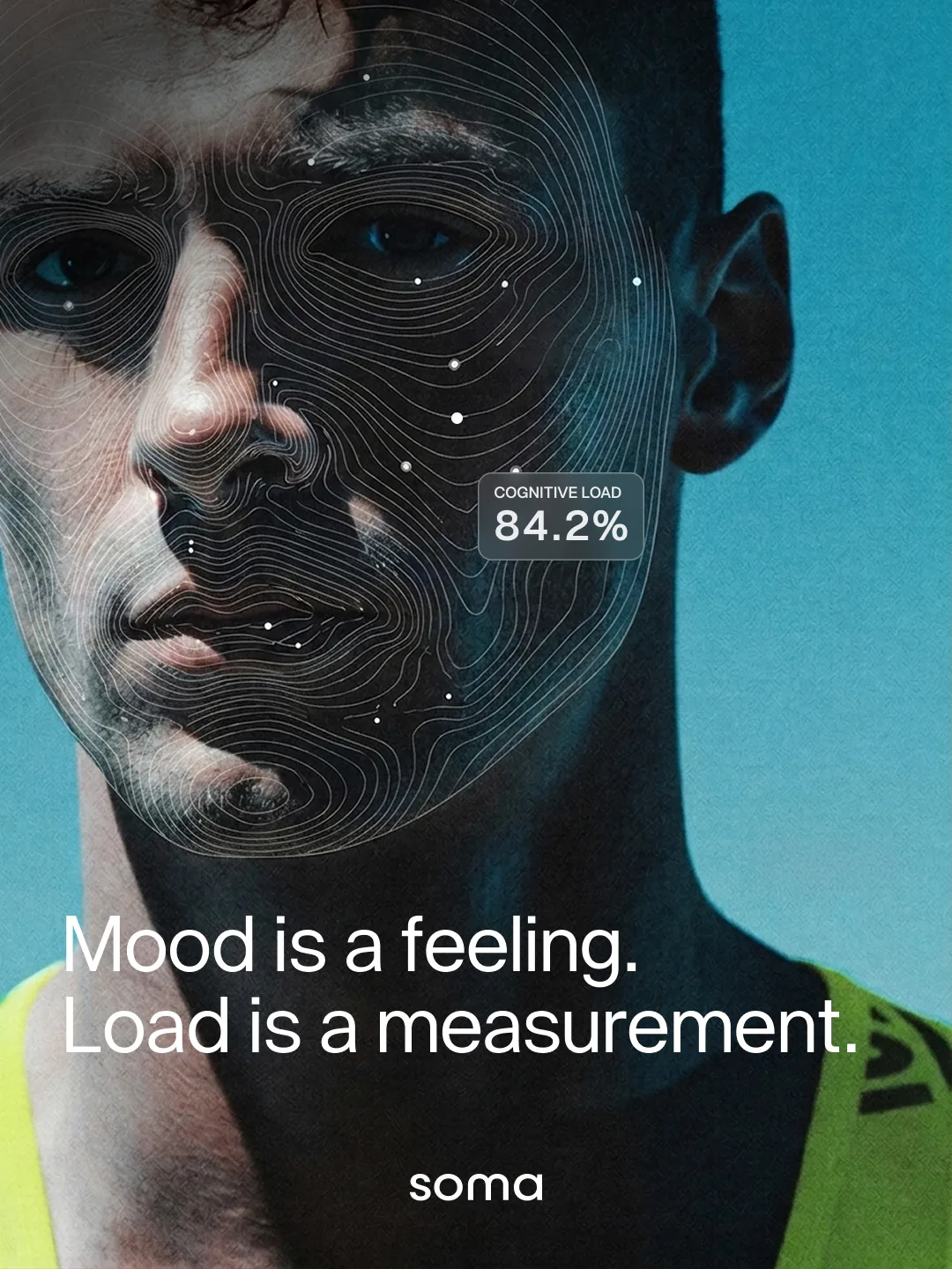Soma social design: a face half mapped in fine contour lines with a cognitive load card reading 84.2 percent