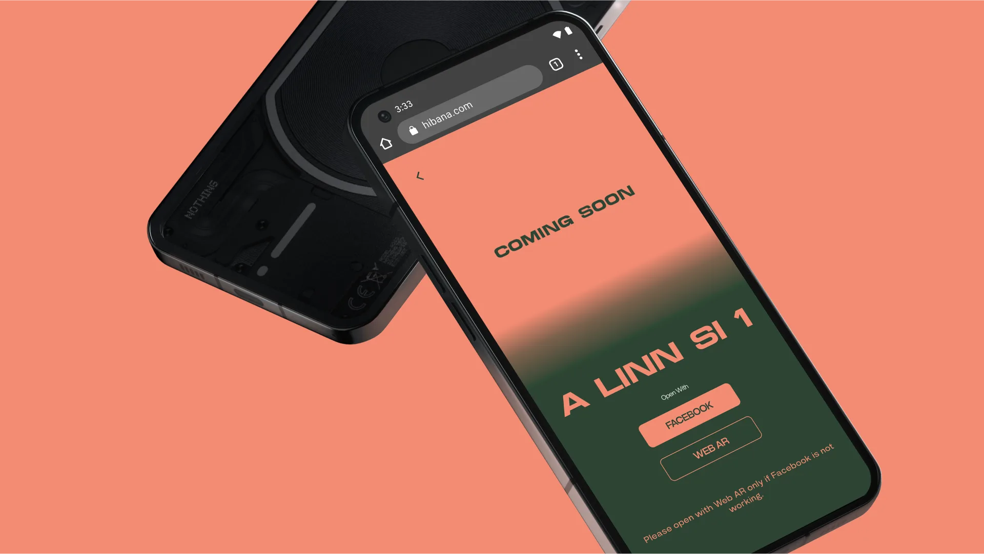A phone on Soft Brown showing the A Linn Si AR filter page with Facebook and Web AR buttons