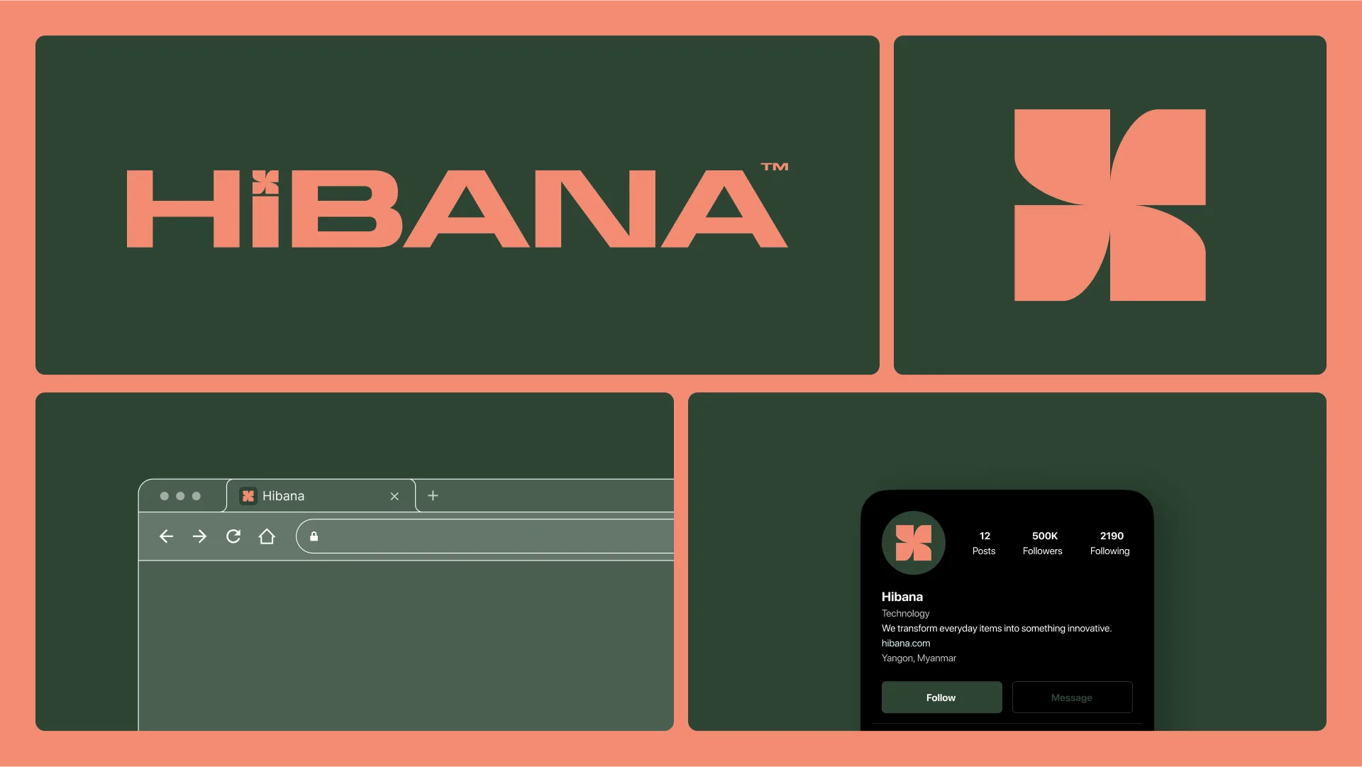 Hibana brand board on Soft Brown, wordmark and spark mark on Kombu Green tiles with browser and profile mockups