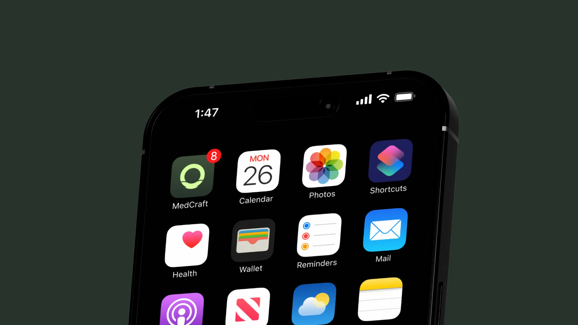 An iPhone homescreen with the MedCraft app icon sitting first, eight notifications waiting