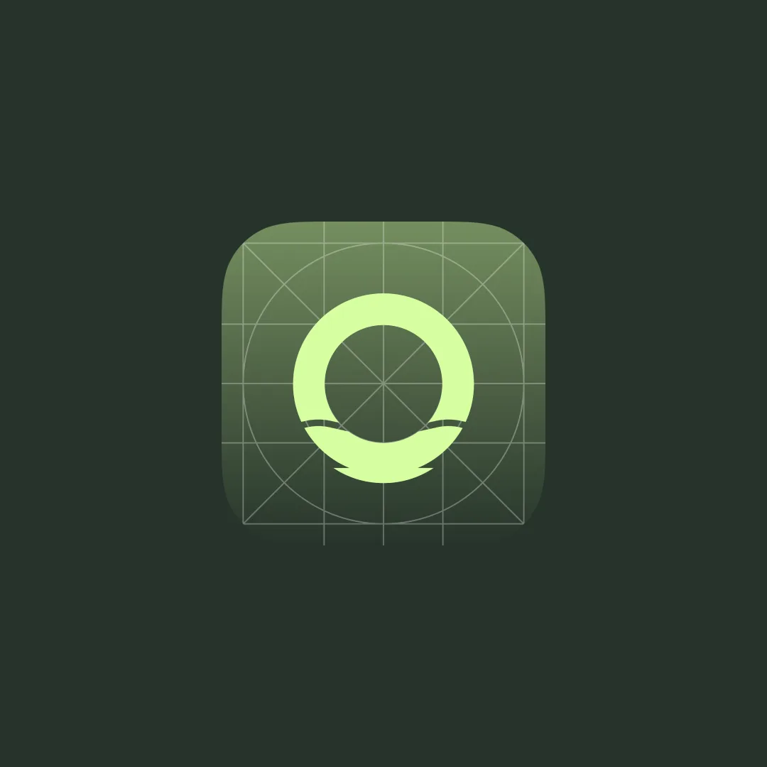 The MedCraft app icon drawn on its construction grid, lime mark on a green gradient tile