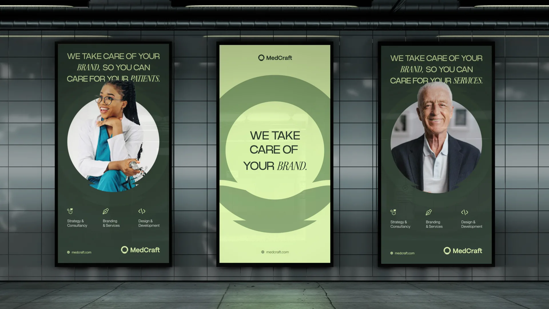 Three MedCraft posters in a subway station, we take care of your brand so you can care for your patients
